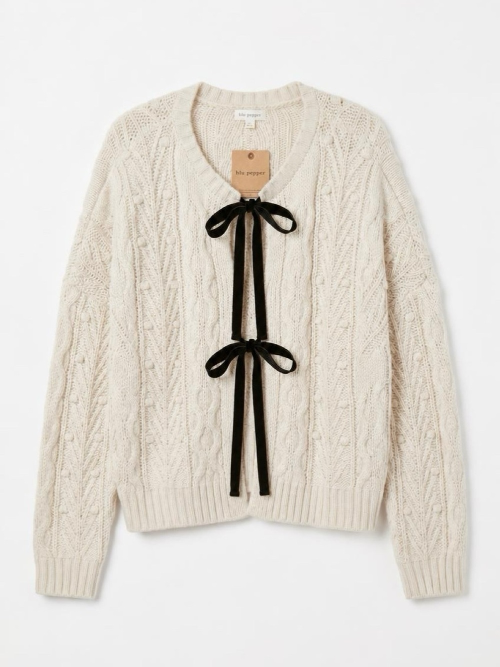 Blu Pepper NWT Cream Cable Knit Cardigan Black Velvet Bow Tie Front
